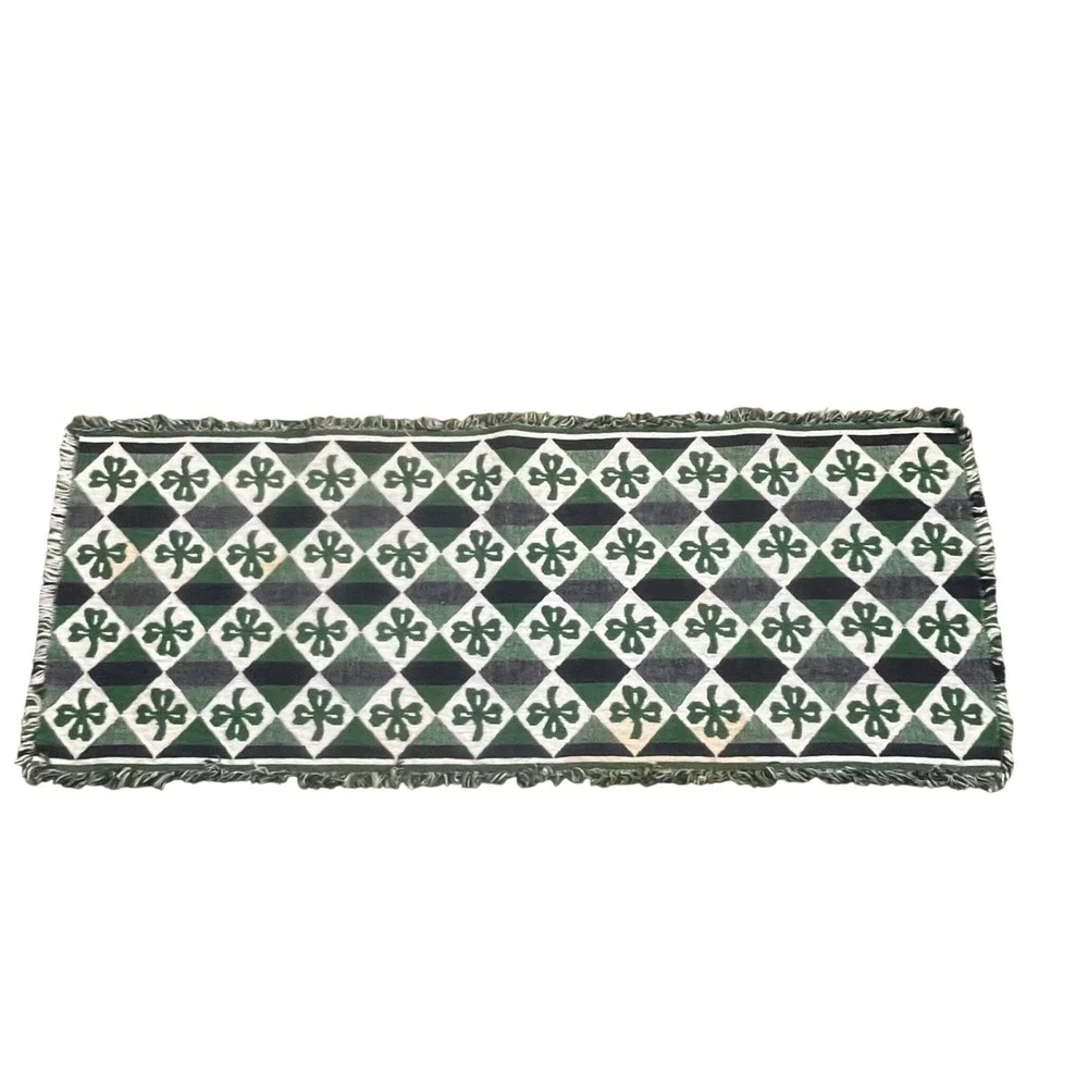St Patricks Day Shamrock Table Runner Green Argyle Fringed 32x13 Irish Decor